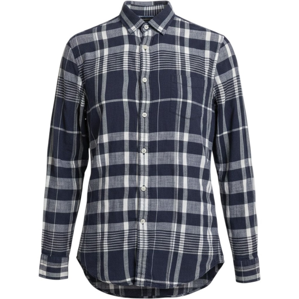 Banana Republic Slim Fit Linen Shirt Mens M Navy Purple White Plaid Long Sleeve